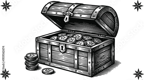Treasure chest illustration filled with coins including cryptocurrency symbols like Bitcoin, Ethereum and Monero surrounded by compass rose for digital wealth