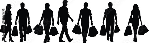 Silhouettes of people walking with shopping bags, casual attire representing consumer culture, retail activity, lifestyle, commerce, and modern shopping behavior