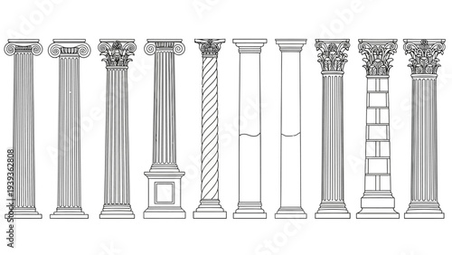 A detailed vector illustration displaying a diverse set of classical column styles, highlighting ancient Greek and Roman architectural principles for historical and educational design reference