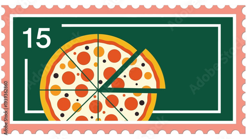 A charming and creative graphic illustration of a collectible postage stamp featuring a delicious, freshly baked pizza, meticulously sliced with one piece thoughtfully separated, symbolizing sharing.