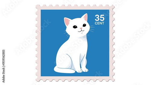 Adorable White Cat Stamp Illustration A Charming Postage Design Featuring a Cute Feline