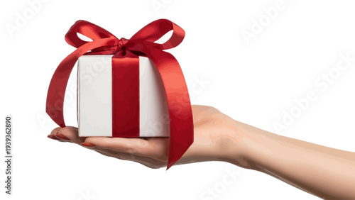 Elegant white gift box with red ribbon held by a hand, perfect for celebrations and special occasions