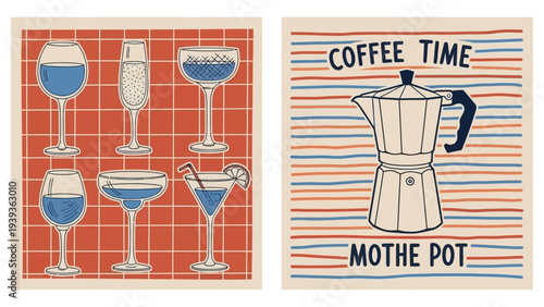 A collection of stylized illustrations featuring various glassware filled with blue liquid and a classic coffee maker on a striped background