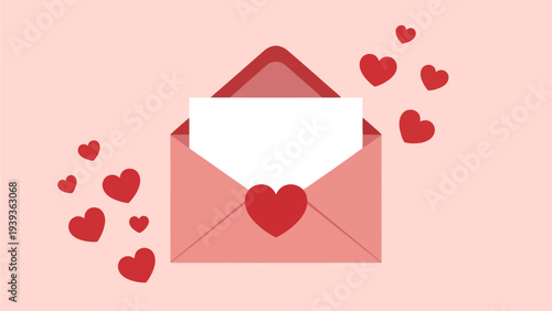 Open pink envelope with a blank letter and floating red hearts, symbolizing love, romance, and heartfelt communication, ideal for sweet greetings