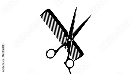 Black and white illustration of a pair of scissors and a comb, symbolizing hairdressing, grooming, and personal care services