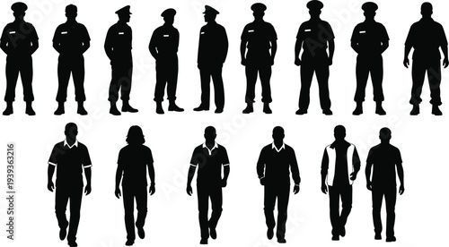 Silhouettes of uniformed officers and casual individuals walking, vector illustration of authority contrast, social roles and group dynamics design