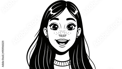 A Cheerful Young Woman with Freckles and Long Dark Hair, Illustrated in a Black and White Cartoon Style