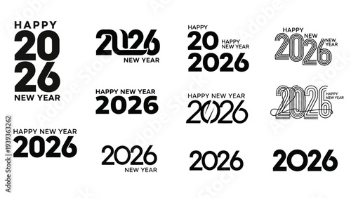 Happy New Year 2026 design variations in black and white for festive greetings and celebratory messages