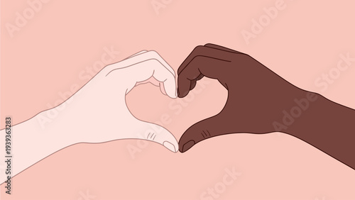 Illustration of two hands, one light-skinned and one dark-skinned, forming a heart shape against a soft pink background, symbolizing love, unity, and diversity