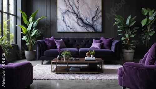 Elegant Living Room with Purple Furniture and Contemporary Artwork in Modern Interior Design