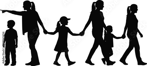 Silhouettes of woman with children, parenting and caregiving poses, family guidance illustration, vector design for education and companionship artwork