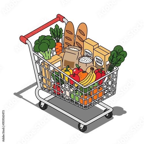 Grocery shopping cart filled with fresh produce and packaged goods.