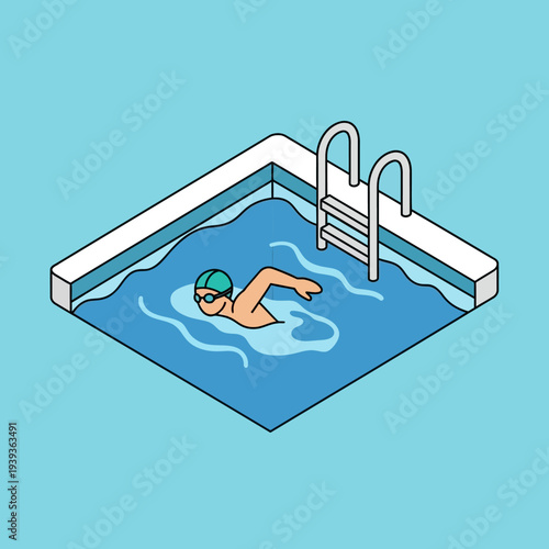 Isometric illustration of a person swimming in a pool with a ladder.