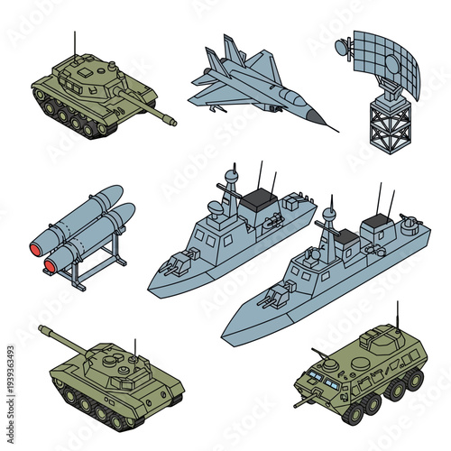Military Vehicles and Naval Ships Illustration Set.