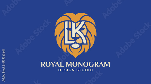 This image presents an artistic monogram logo featuring a lion's head, embodying sophistication and creativity, perfect for a high-end design studio.
