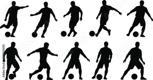 Soccer player silhouettes with ball, kicking and dribbling poses, sports motion illustration, athletic vector art design, football training concept