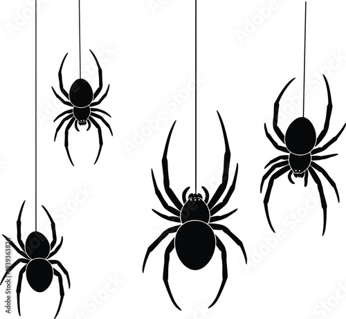 Spider silhouettes hanging from threads, arachnid insect shapes, Halloween decoration design, creepy crawly vector illustration for thematic use