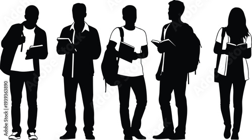 Student silhouettes with backpacks, reading books, cycling, mobile devices, academic activities, university lifestyle, education, youth culture, learning, community representation