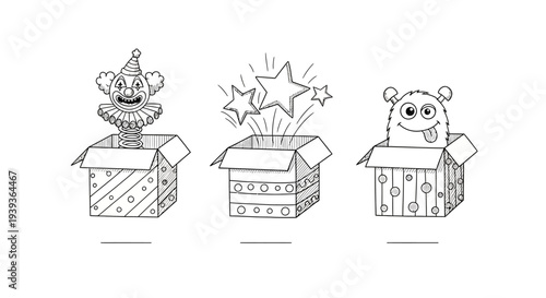 Surprised cartoon characters emerging from decorated gift boxes with stars festive and joyful scene