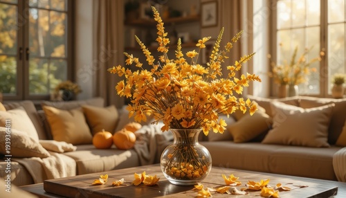 Vibrant Yellow Flower Arrangement in Glass Vase on Coffee Table in Cozy Autumn Living Room
