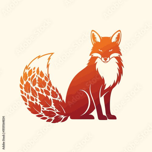 Majestic Red Fox with Intricate Leaf-Patterned Tail Sitting Gracefully.