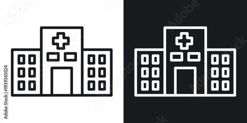 Hospital building icon set in black and white stroke lines