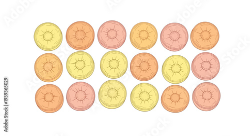 Colorful Coins Arranged in Grid Pattern.