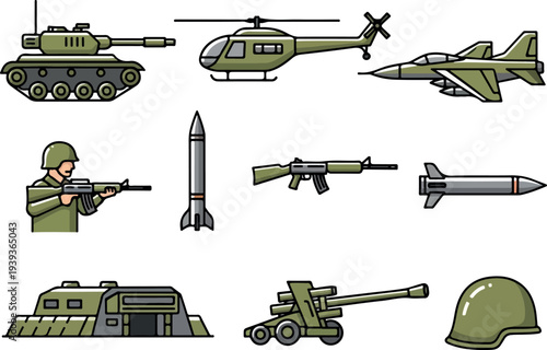 Military equipment and vehicles including tanks, helicopters, and soldiers on a battlefield depicted in a graphic illustration