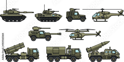 Military vehicles and aircraft displayed in a flat design illustration showcasing various warfare machines and equipment
