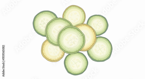 Sliced Cucumber Arrangement on White Background.