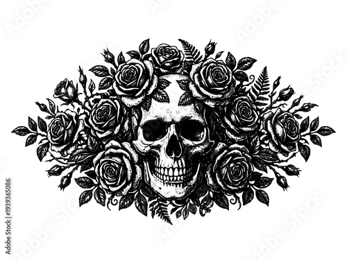 Skull And Roses Gothic Engraving Illustration