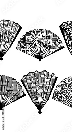 Black and White Abstract Patterned Folding Fans - Vector Illustration