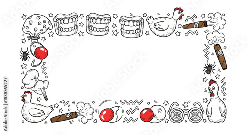 Funny cartoon frame with chickens teeth cigars and red balls on white background for creative projects
