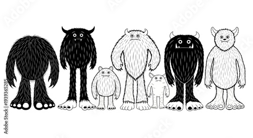 Funny Cartoon Monsters Family Diverse Characters Black and White Illustration