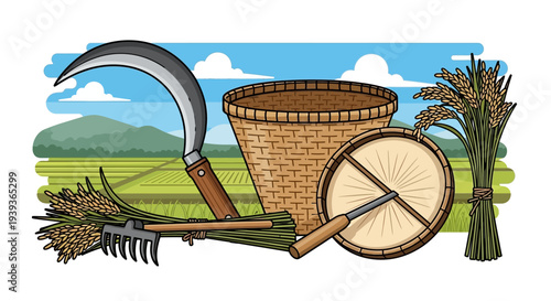 Harvesting Tools and Rice Field Illustration: Sickle, Basket, Rake, and Grain
