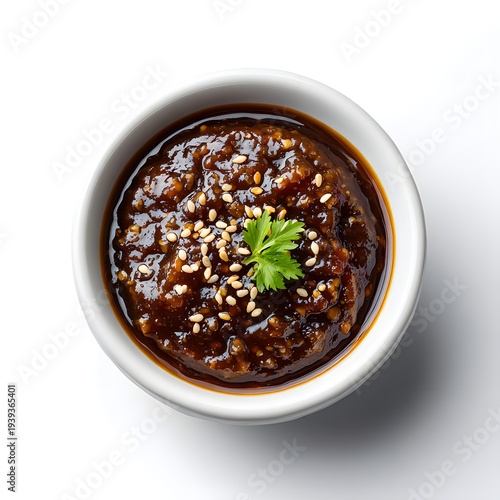 Rich dark hoisin sauce or teriyaki glaze with sesame seeds and parsley garnish in a white bowl, top view