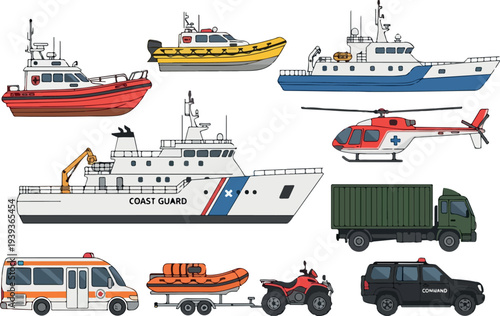 Rescue vehicles and emergency services illustration featuring coast guard ships, helicopters, and land vehicles in action