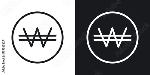 Korean won icon set in black and white stroke lines