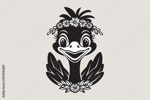 Cute Ostrich with Floral Crown  vector