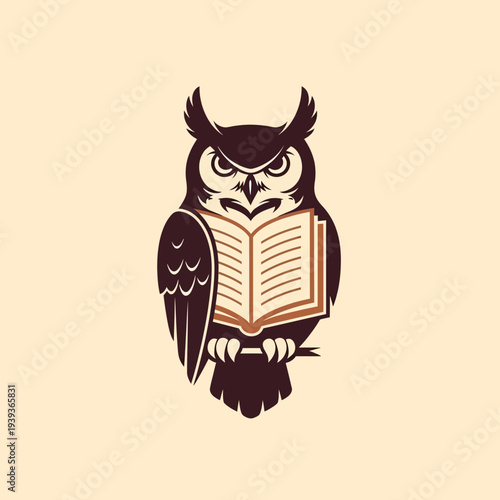 Wise Owl Reading Book Logo Design Illustration.