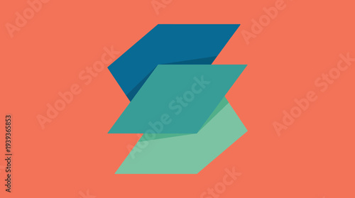 This abstract image features overlapping geometric shapes in shades of blue and green, reflecting themes of integration, balance, and modern artistic expression with minimal detail.