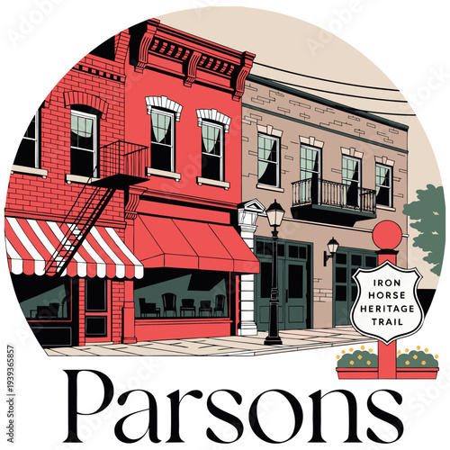 Parsons Downtown Street Scene with Heritage Trail Sign and Red Storefronts