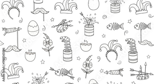 Whimsical illustration of various carnival and party symbols in black and white including jester hats fish and stars on a white background creating a festive atmosphere
