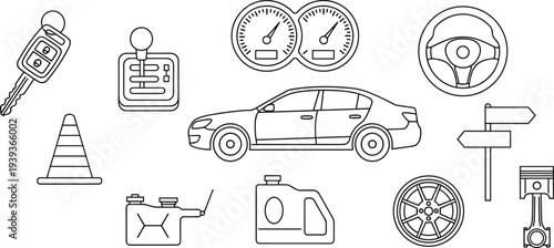 car and automobile service line icons set, vehicle dashboard steering wheel engine oil road sign vector transport illustration
