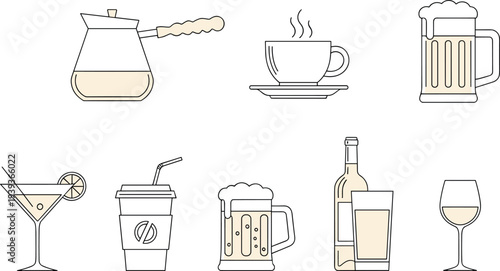 coffee beer wine and cocktail drink line icons set, beverage collection, cafe alcohol drinks cup mug glass vector illustration