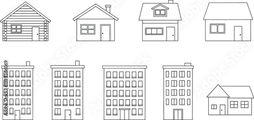 hand drawn, house icons, simple building outline, residential architecture set, home sketch collection, vector house illustration, minimal city buildings, real estate icons