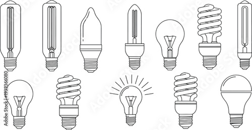 collection of vintage and modern light bulb line icons, energy efficient lighting set, isolated outline electricity lamp filament LED illustration