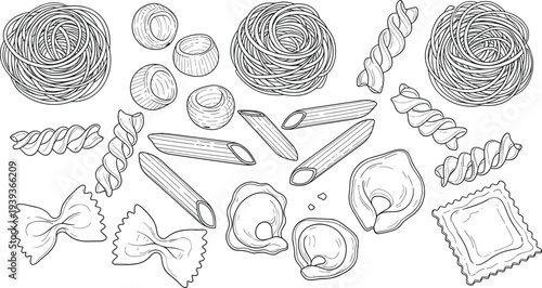 Pasta line icons collection, spaghetti penne fusilli farfalle ravioli macaroni italian food outline illustration set isolated
