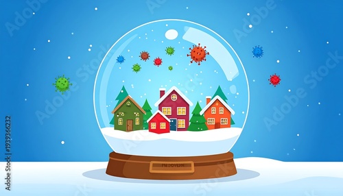 Winter globe scene houses, trees, virus particles on blue