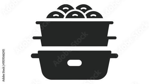 Black silhouette of rice cooker steamer tray with vegetables on top for cooking